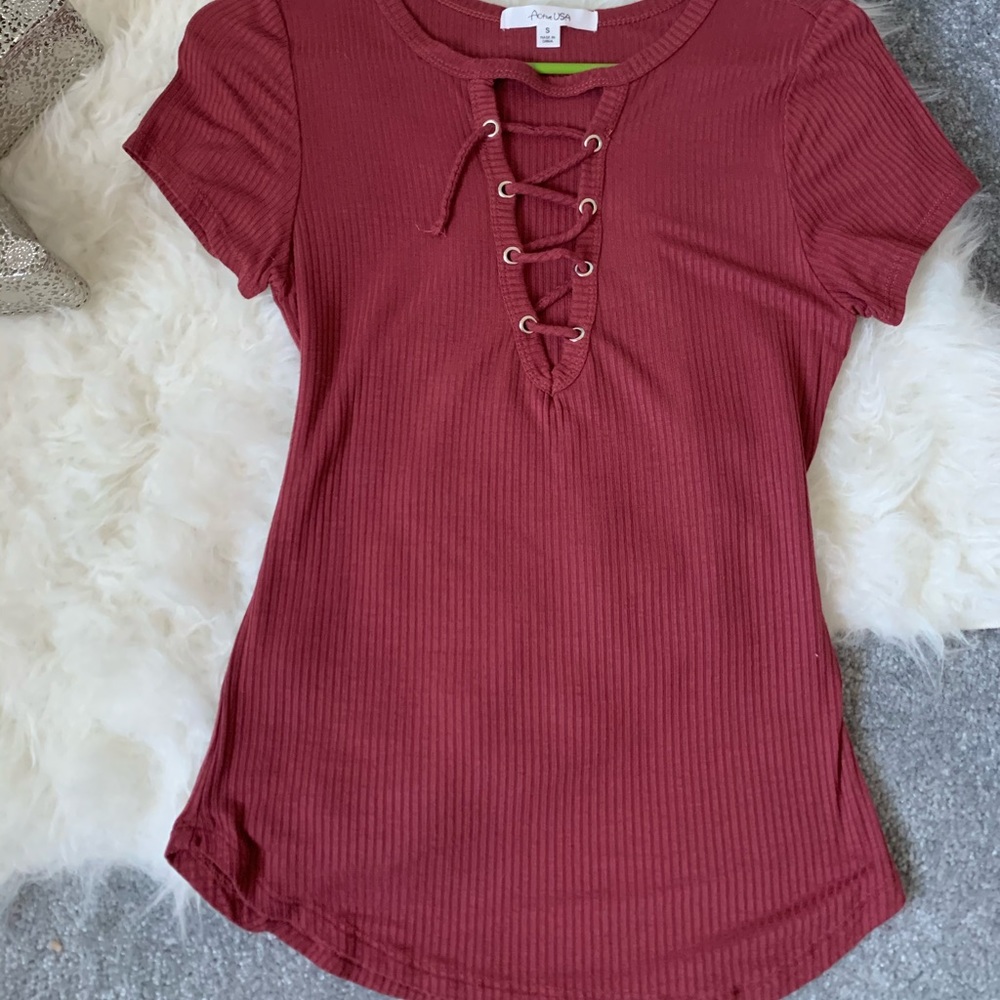 Active USA red t shirt lace up front